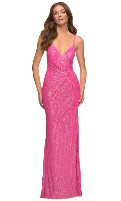 La Femme 30624 - V-Neck Sleeveless Evening Dress Special Occasion Dress 00 / Hot Pink