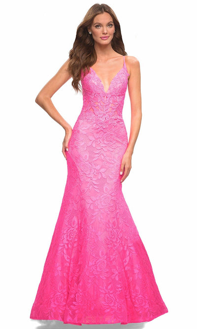 La Femme 30663 - Lace Mermaid Gown Special Occasion Dress 00 / Neon Pink