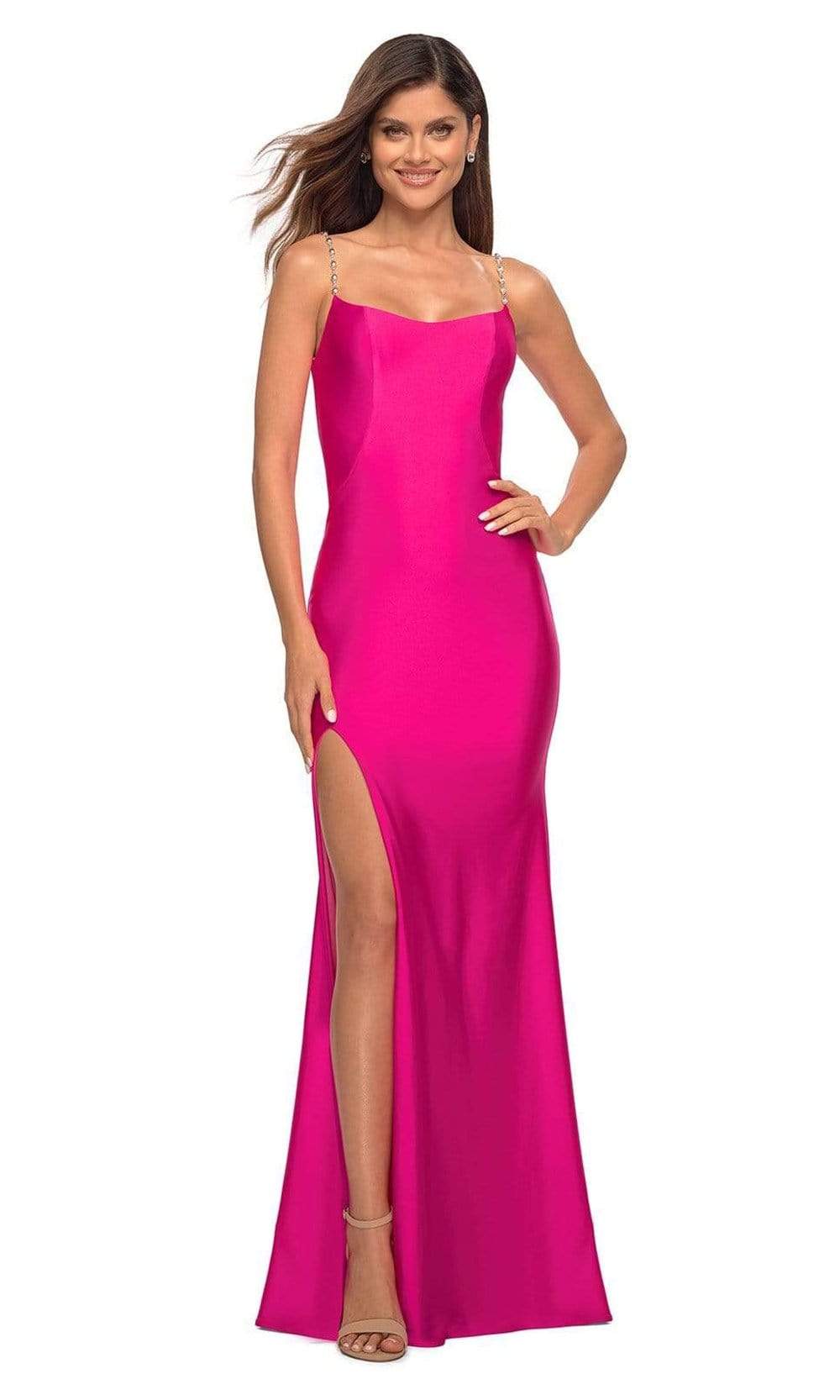 La Femme - 30665 Scoop Neck and Back Slit Dress Special Occasion Dress 00 / Neon Pink
