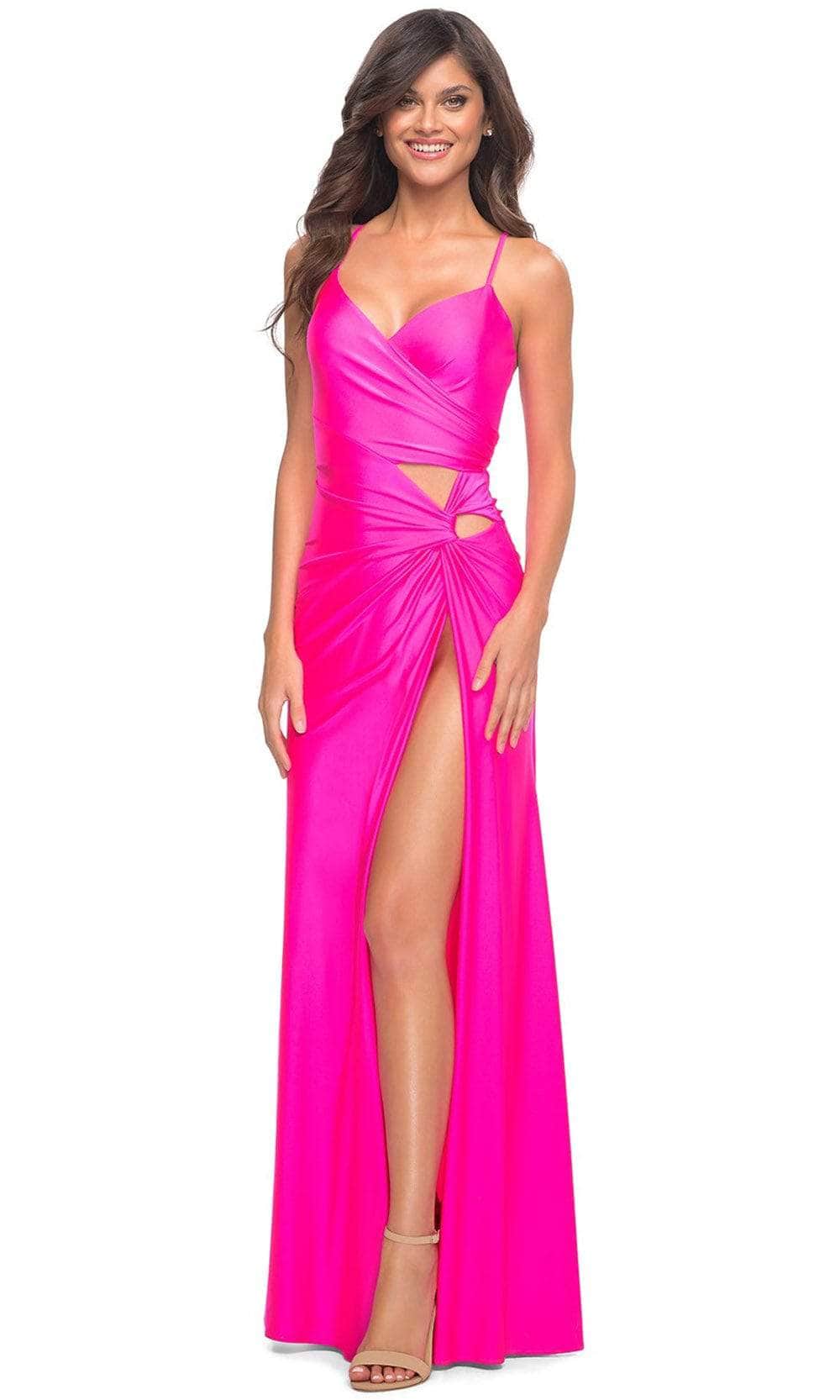 La Femme - 30667SC Sleeveless Ruched V-neck Evening Dress - 1 pc Neon Pink in Size 4 Available CCSALE 4 / Neon Pink