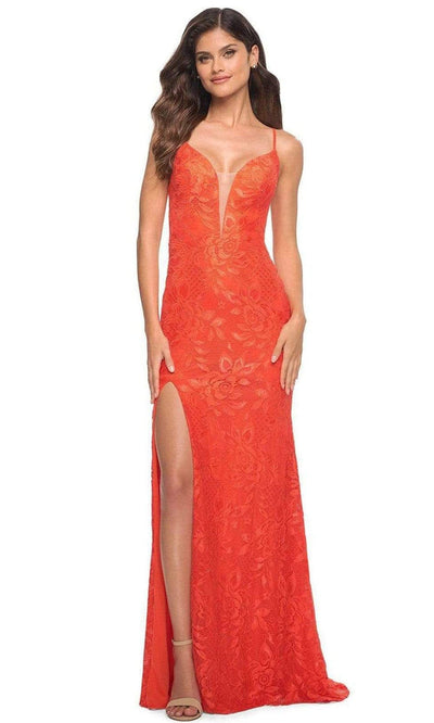 La Femme - 30687 Plunging Floral Lace Slit Gown Prom Dresses 00 / Papaya