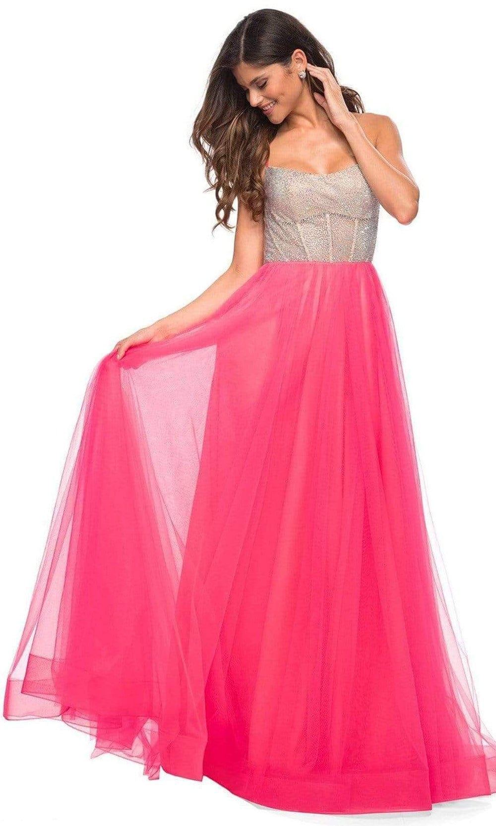 La Femme - 30721 Beaded Boc Corset A-line Gown Prom Dresses 00 / Neon Pink