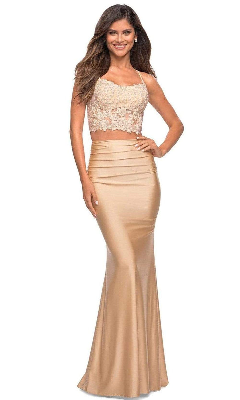La Femme - 30751 Satin Two Piece Embroidered Gown Prom Dresses 00 / Light Gold
