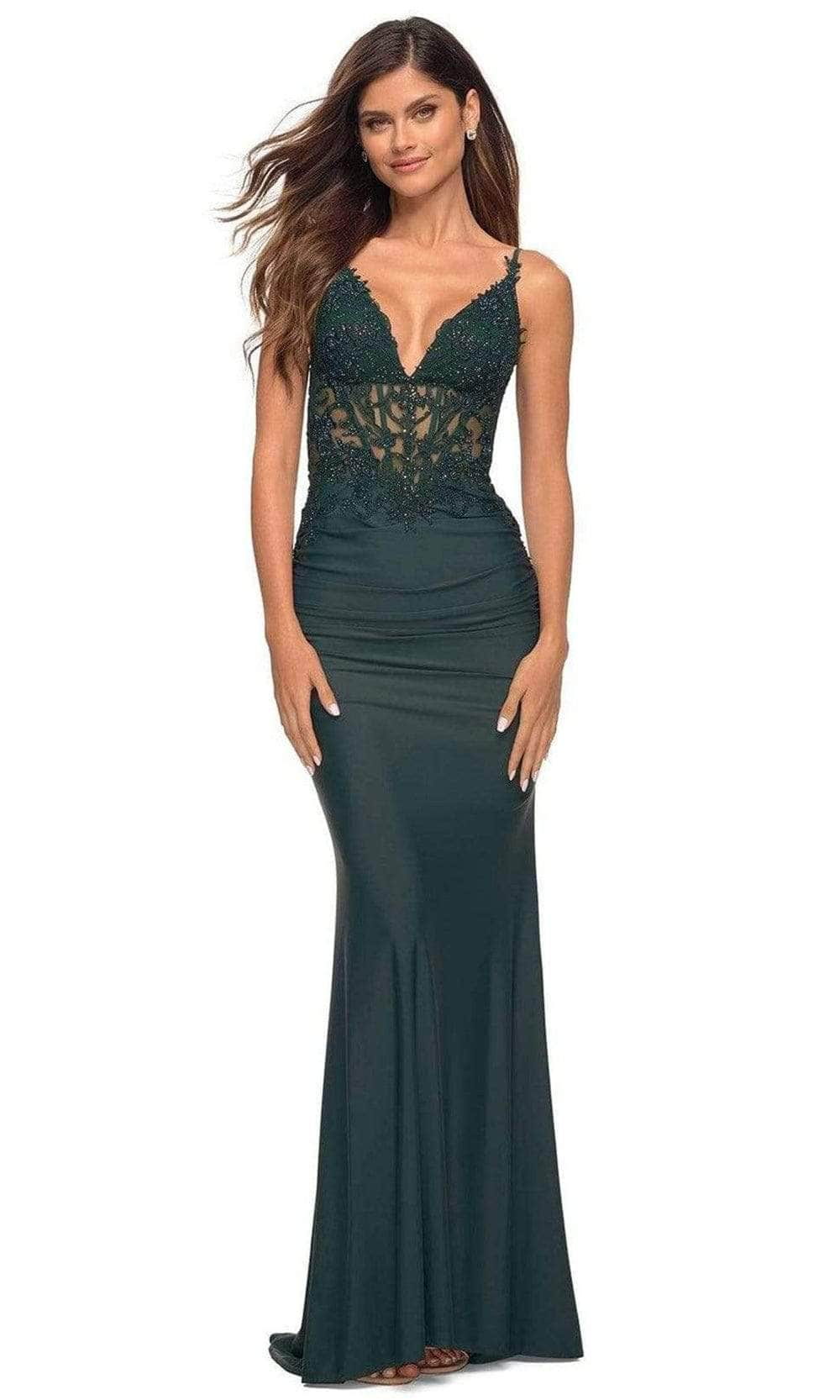 La Femme - 30757 V Neck Sheer Lace Long Dress Prom Dresses