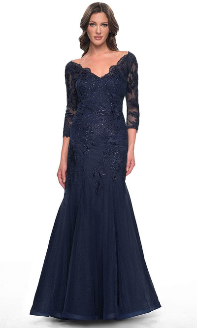 La Femme 30823 - Scallop Detailed Evening Dress Mother of the Bride Dresses 4 / Navy