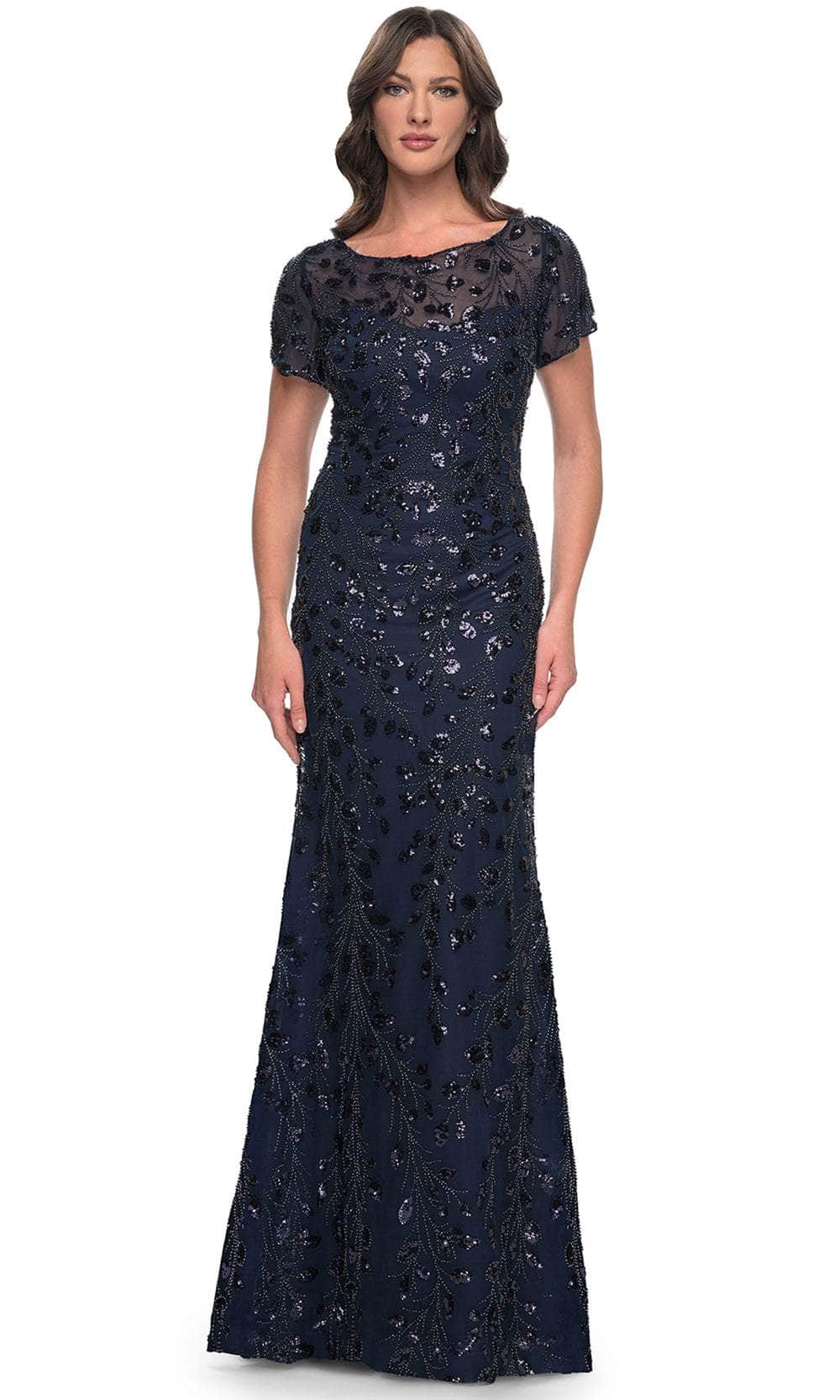 La Femme 30877 - Sheer Bateau Neck Dress Mother of the Bride Dresses 4 / Navy