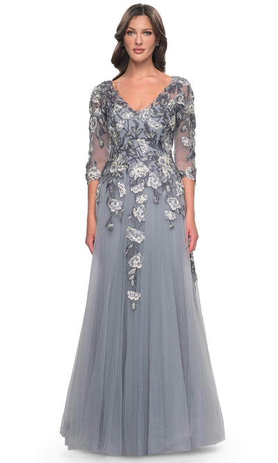 La Femme 30968 - V-Neck Quarter Sleeve Gown Mother of the Bride Dresses 2 / Slate Blue