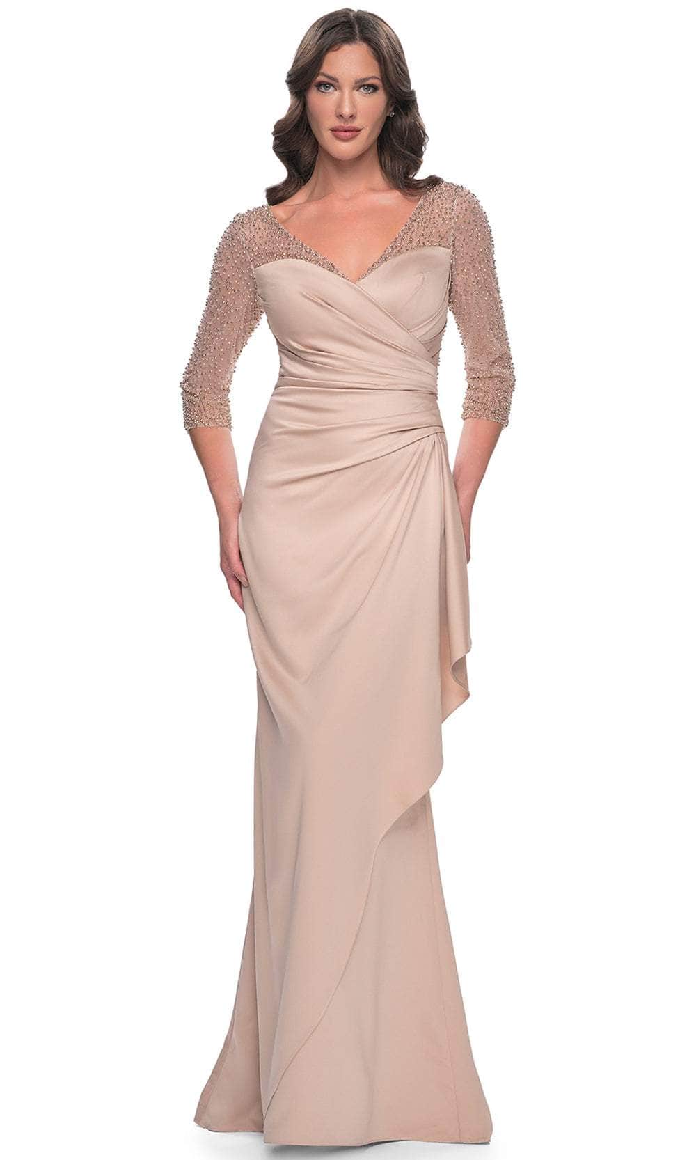 La Femme 31011 - Beaded Illusion Satin Evening Dress Evening Dresses 2 / Champagne