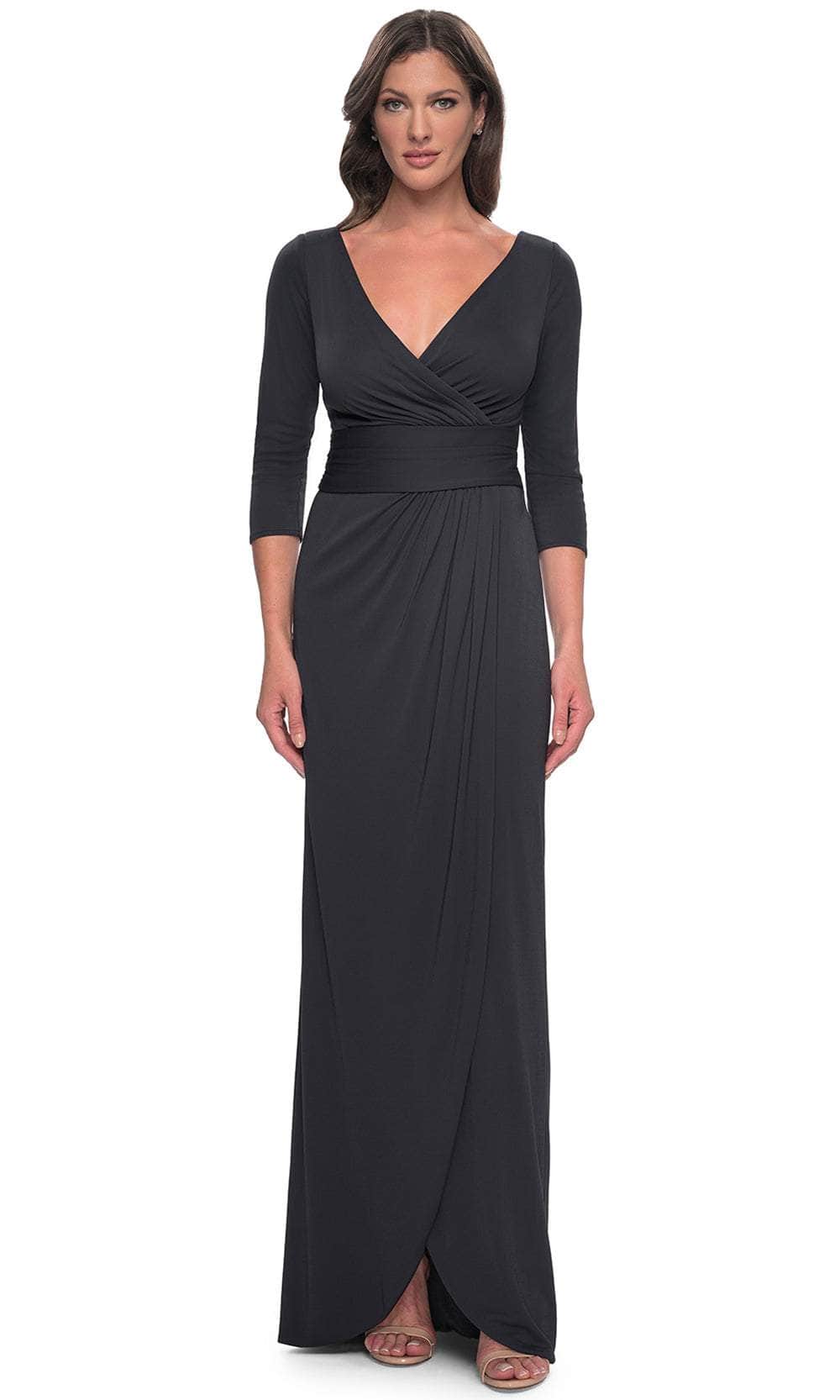 La Femme 31014 - Long Jersey Sheath Dress - Quarter Sleeves, V-Open Back, Ruching, Tulip Hem ADASA La Femme 31014 - Long Jersey Sheath Dress - Quarter Sleeves, V-Open Back, Ruching, Tulip Hem ADASA