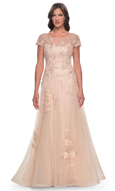 La Femme 31198 - Lace Applique Short Sleeve Gown Prom Dresses 4 / Champagne