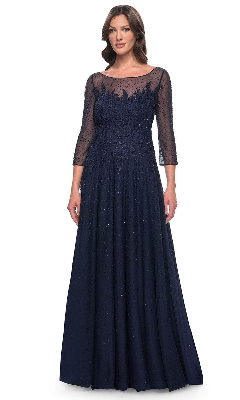 La Femme 31235 - Rhinestone Embellished Quarter Sleeve Gown Mother of the Bride Dresses 4 / Navy