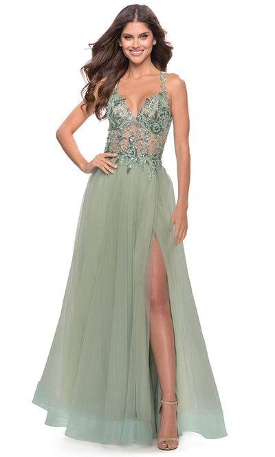 La Femme 31369 - Sleeveless Sheer Bodice Prom Dress Special Occasion Dress 00 / Sage