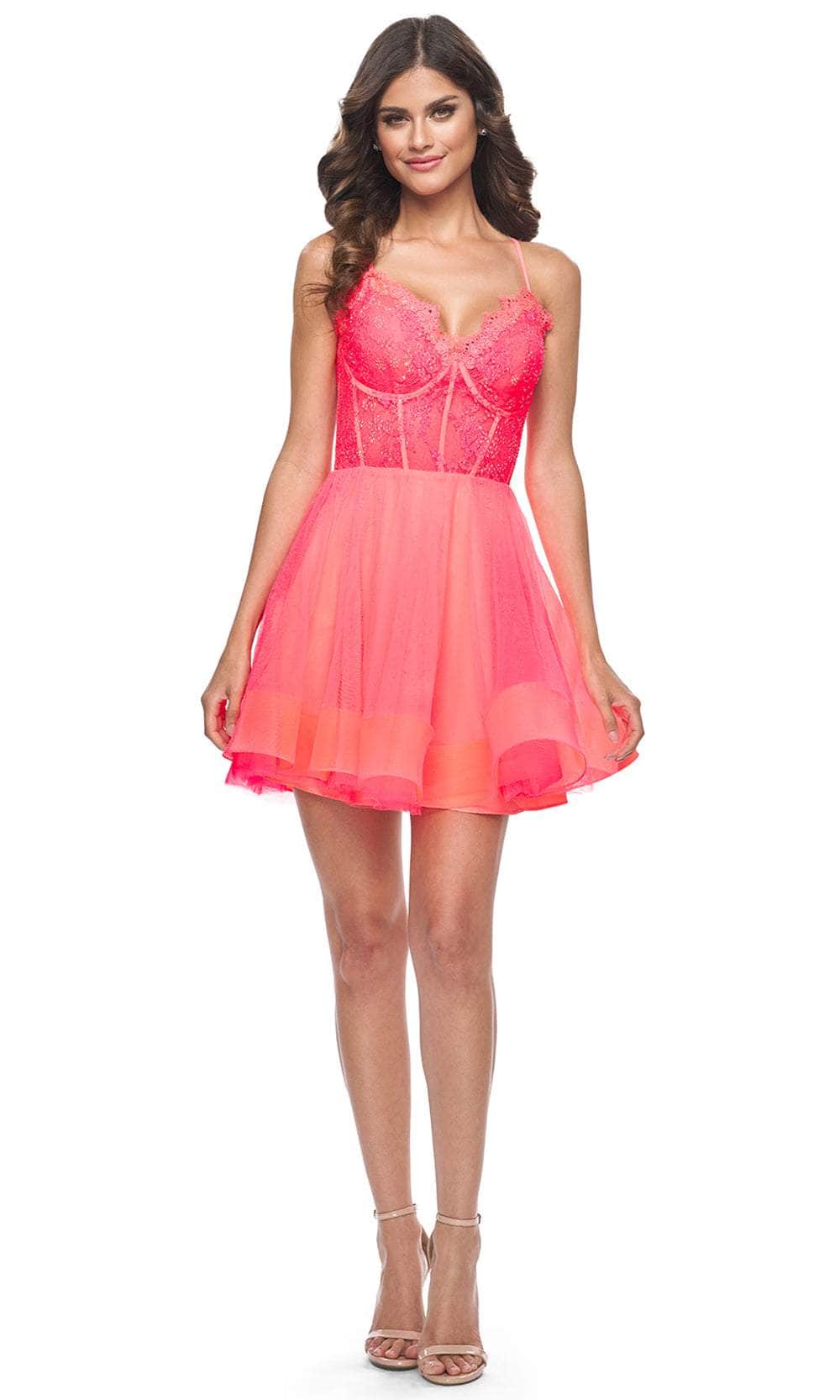 La Femme 31469 - Lace Appliqued Dress 00 / Hot Coral