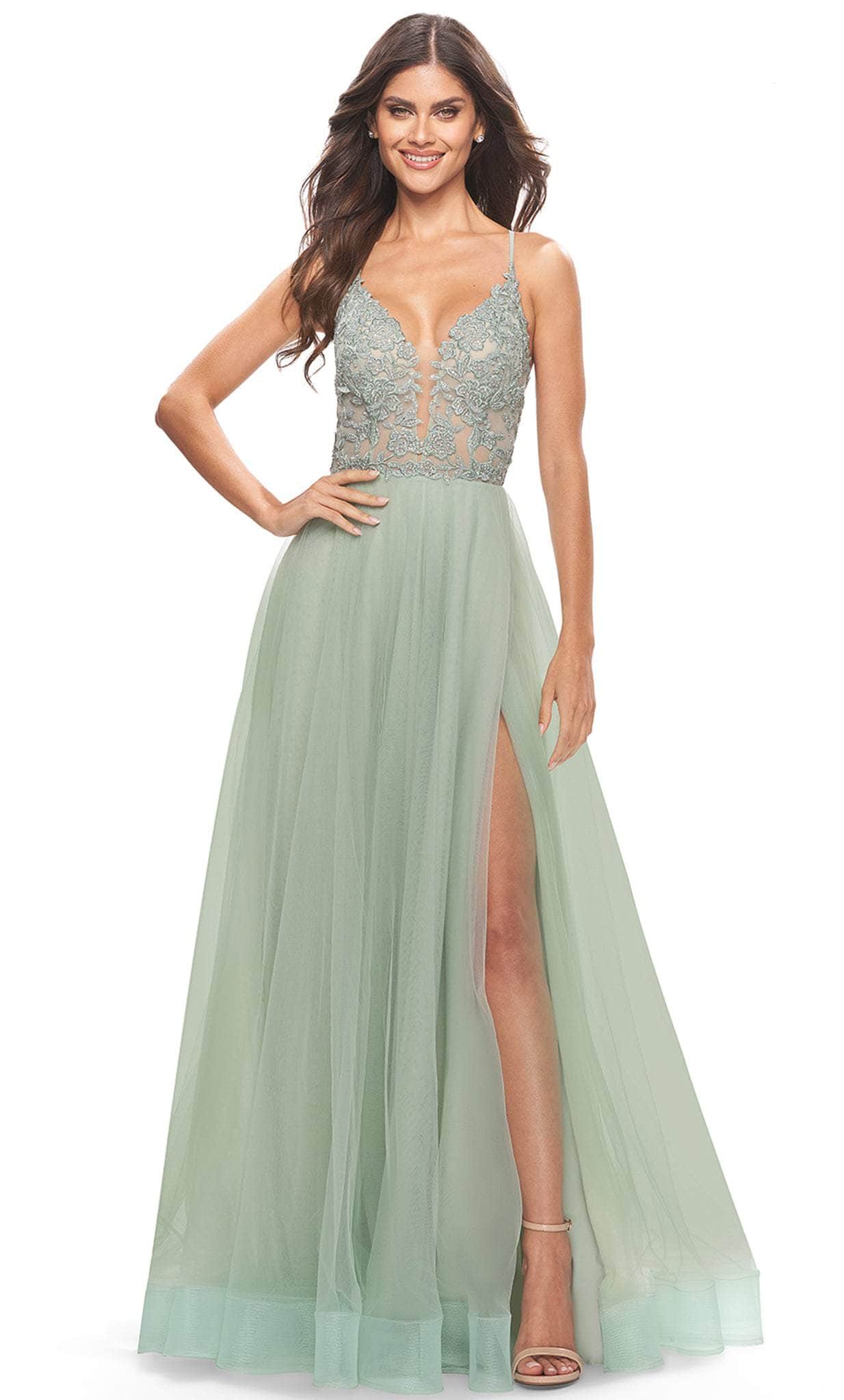 La Femme 31542 - V-Neck Lace Applique Prom Dress Special Occasion Dresses 00 / Sage