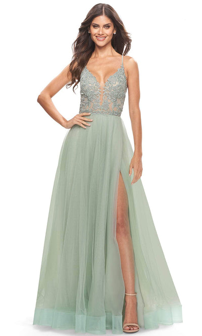 La Femme 31542 - V-Neck Lace Applique Prom Dress Special Occasion Dresses 00 / Sage