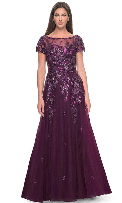 La Femme 31712 - Short Sleeve Floral Lace Applique Dress Evening Dresses 4 / Dark Berry