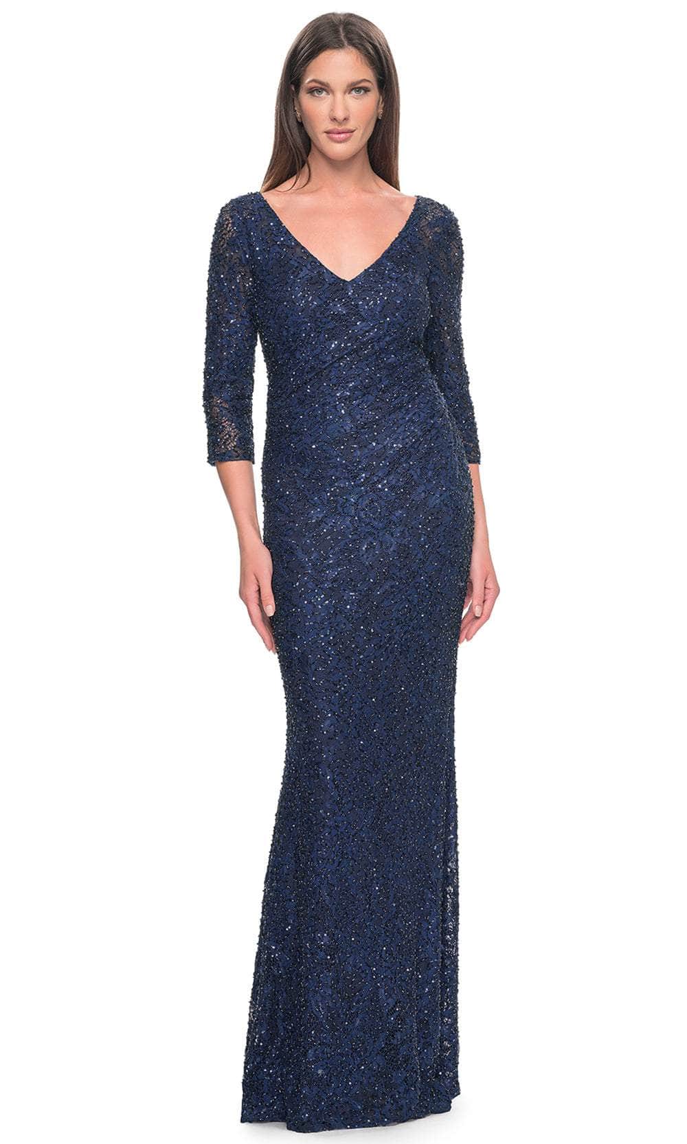 La Femme 31721 - Quarter Sleeve Lace Evening Dress Evening Dresses 4 / Navy