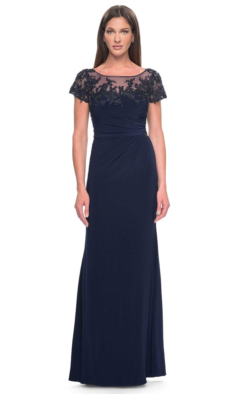 La Femme 31805 - Embroidered Ruched Detailed Evening Dress Evening Dresses 4 / Navy