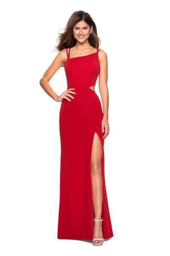 La Femme - Asymmetrical Neckline Strappy Jersey Evening Dress 27126SC - 1 pc Red in Size 4 Available CCSALE 4 / Red