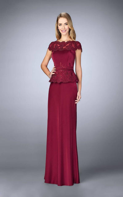 La Femme Bateau Neck Festooned Peplum Evening Gown 23444SC - 1 pc. Navy in Size 6 and 1 pc Crimson in Size 14 Available CCSALE 14 / Crimson