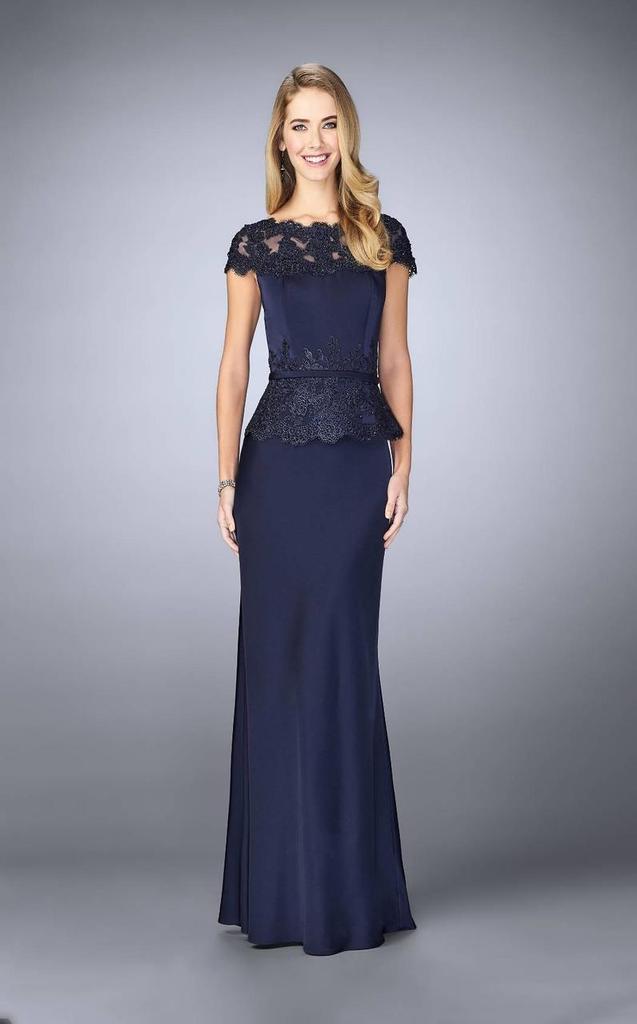 La Femme Bateau Neck Festooned Peplum Evening Gown 23444SC - 1 pc. Navy in Size 6 and 1 pc Crimson in Size 14 Available CCSALE 6 / Navy