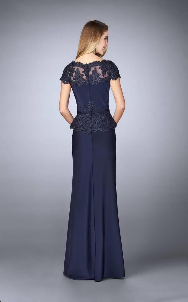 La Femme Bateau Neck Festooned Peplum Evening Gown 23444SC - 1 pc. Navy in Size 6 and 1 pc Crimson in Size 14 Available CCSALE