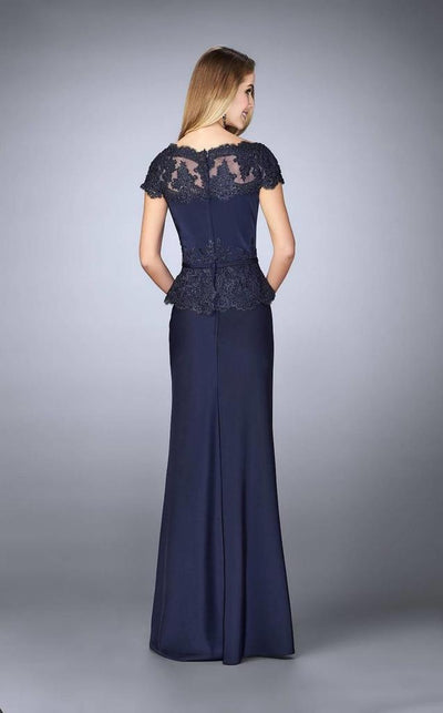 La Femme Bateau Neck Festooned Peplum Evening Gown 23444SC - 1 pc. Navy in Size 6 and 1 pc Crimson in Size 14 Available CCSALE