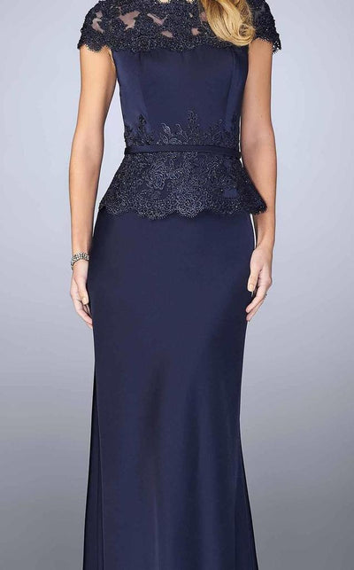 La Femme Bateau Neck Festooned Peplum Evening Gown 23444SC - 1 pc. Navy in Size 6 and 1 pc Crimson in Size 14 Available CCSALE