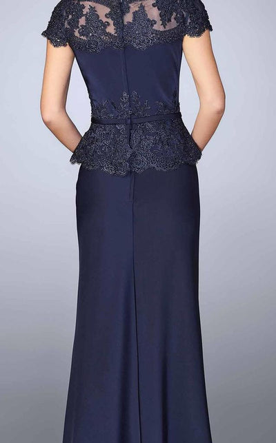 La Femme Bateau Neck Festooned Peplum Evening Gown 23444SC - 1 pc. Navy in Size 6 and 1 pc Crimson in Size 14 Available CCSALE