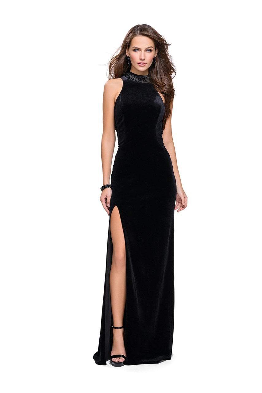 La Femme - Beaded High Neck Velvet Long Gown with Slit 25559 - 1 pc Black In Size 0 Available CCSALE 0 / Black