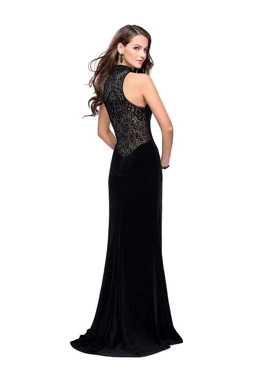 La Femme - Beaded High Neck Velvet Long Gown with Slit 25559 - 1 pc Black In Size 0 Available CCSALE 0 / Black
