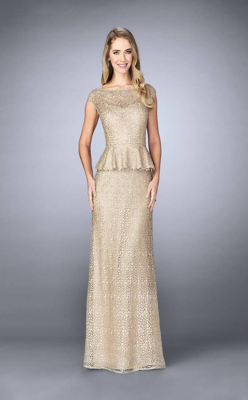 La Femme - Beaded Lace Cap Sleeve Peplum Evening Gown 24896 CCSALE 4 / Champagne