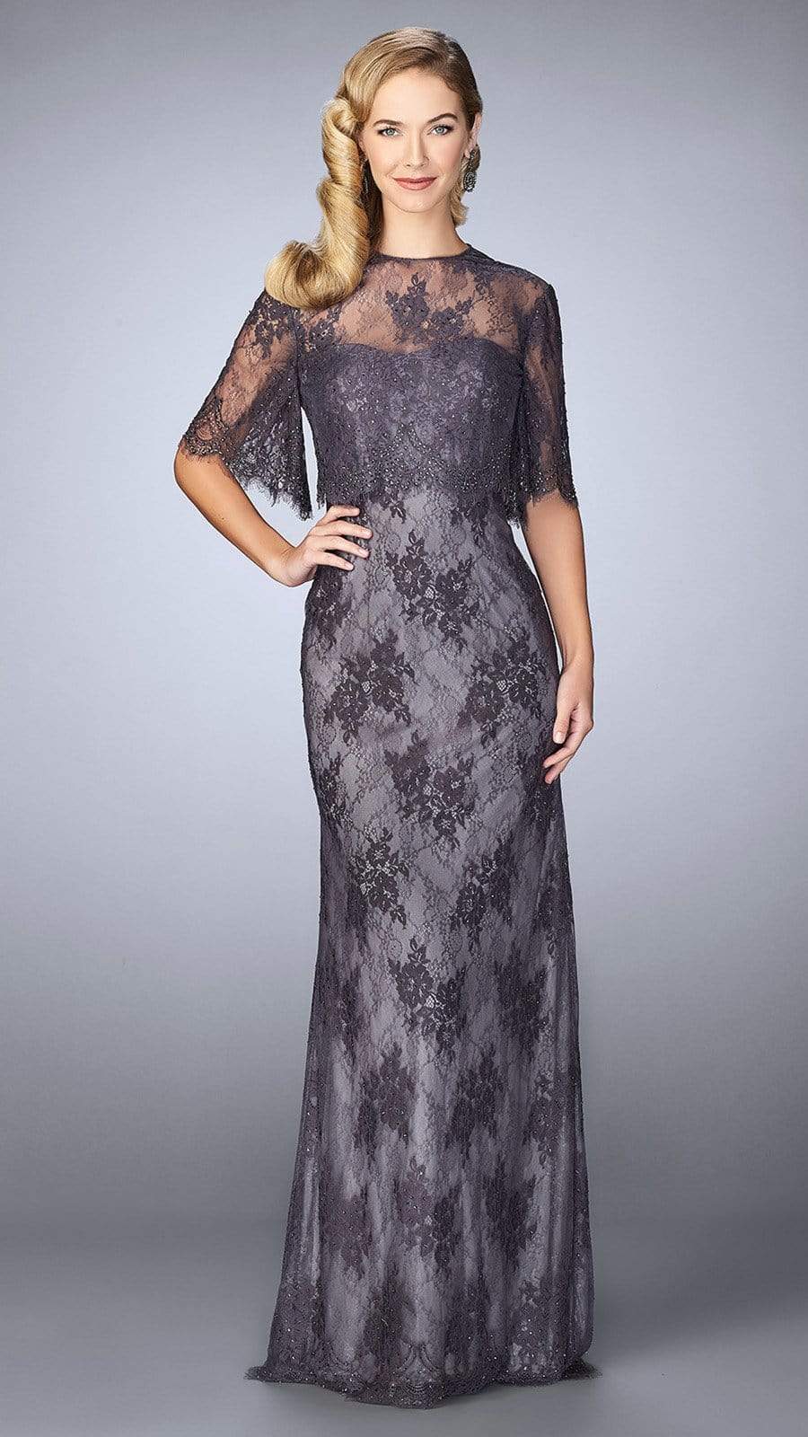 La Femme Beaded Lace Gown with Capelet 24856SC - 1 pc Charcoal in Size 10 & 1 Pc Navy in Size 16 Available CCSALE