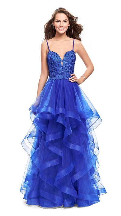La Femme - Beaded Lace Plunging Sweetheart Ruffled Dress 25857SC - 2 pcs Sapphire Blue in Size 4 and 14 Available CCSALE