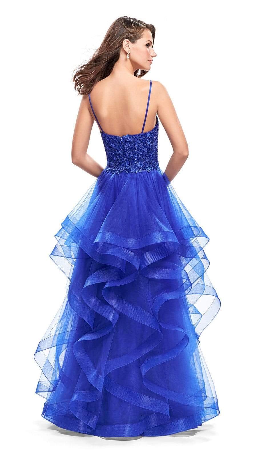 La Femme - Beaded Lace Plunging Sweetheart Ruffled Dress 25857SC - 2 pcs Sapphire Blue in Size 4 and 14 Available CCSALE