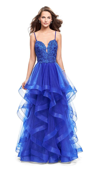 La Femme - Beaded Lace Plunging Sweetheart Ruffled Dress 25857SC - 2 pcs Sapphire Blue in Size 4 and 14 Available CCSALE 4 / Sapphire Blue