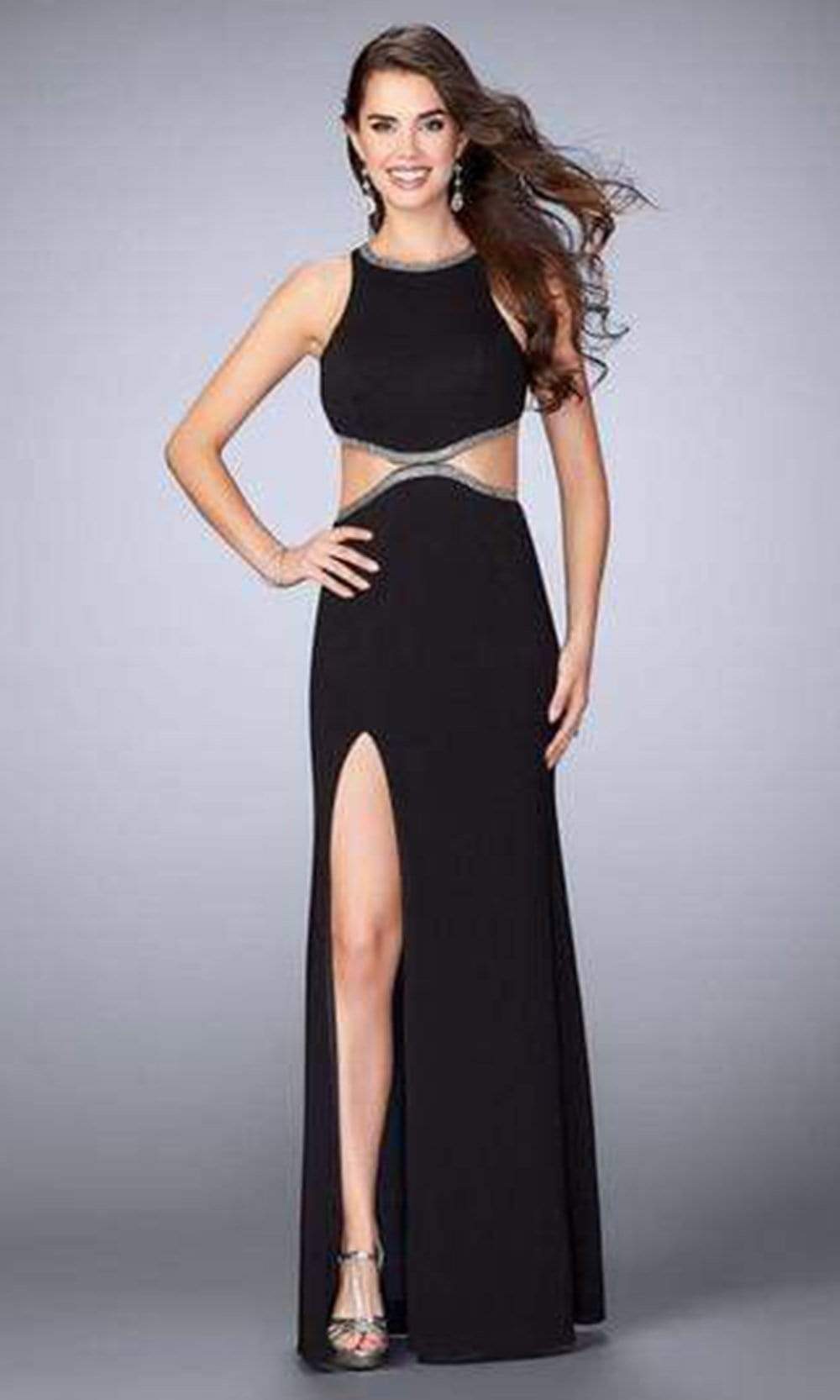 La Femme - Beaded Sleeveless Cutouts Evening Gown With Slit 23418SC - 1 pc Black In Size 2 Available CCSALE 2 / Black