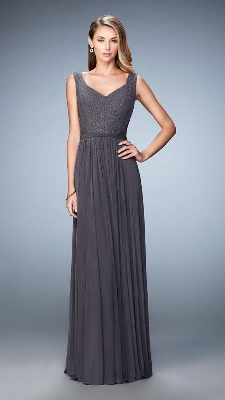 La Femme - Beaded V-Neck Sleeveless Evening Gown 21624SC - 1 Pc Gunmetal in Size 6 Available CCSALE 6 / Gunmetal