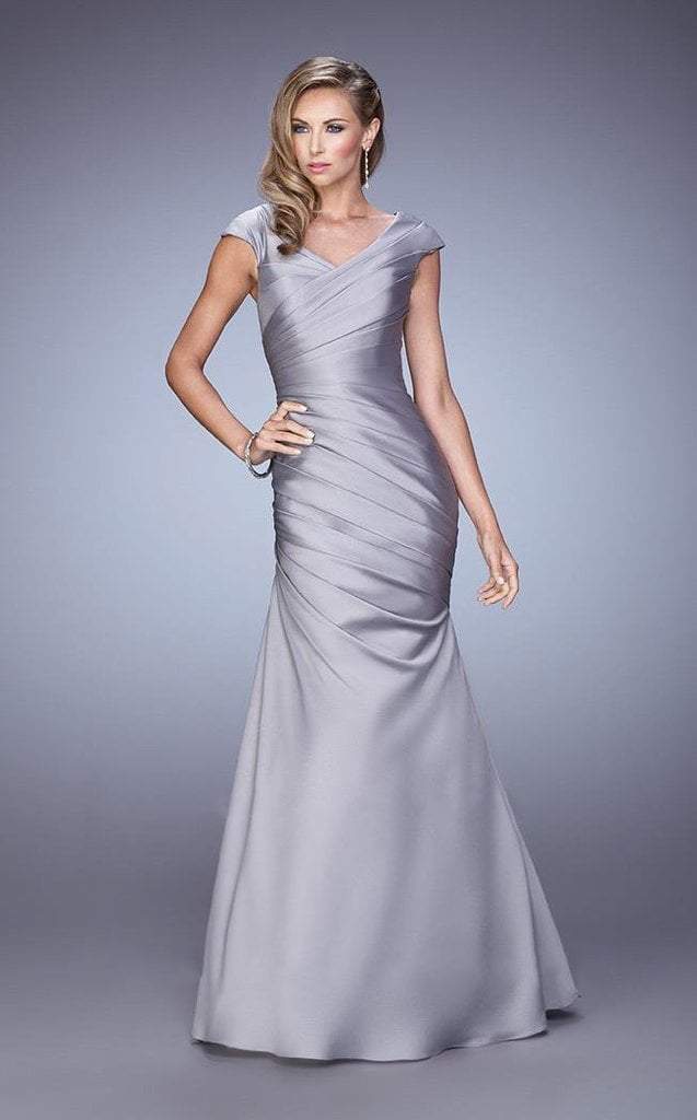 La Femme - Cap Sleeve Fitted Satin Trumpet Gown 21610SC - 2 pcs Antique Rose in Size 6 and Champagne in size 8 Available CCSALE 16 / Silver