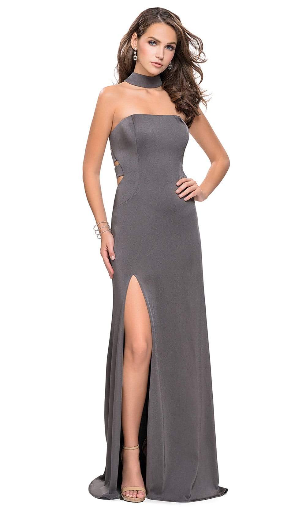 La Femme - Choker Style Fitted High Slit Dress 25735SC - 2 pcs Charcoal In Size 6 and 8 Available CCSALE 6 / Charcoal