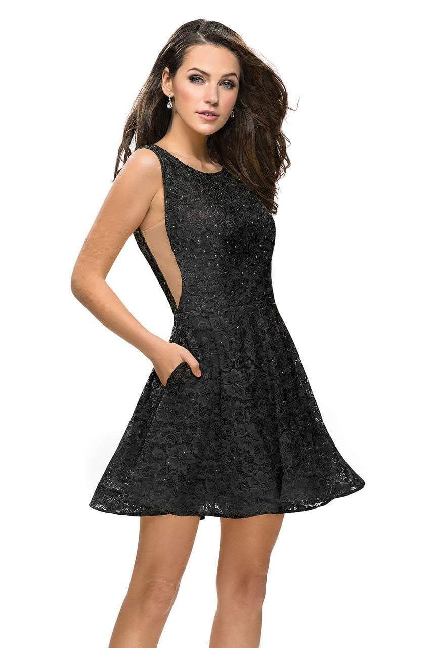 La Femme - Deep Scoop Back Beaded Lace Short Dress 26616SC - 1 pc Boysenberry In Size 4 Available CCSALE 4 / Boysenberry