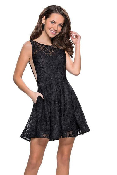 La Femme - Deep Scoop Back Beaded Lace Short Dress 26616SC - 1 pc Boysenberry In Size 4 Available CCSALE 4 / Boysenberry