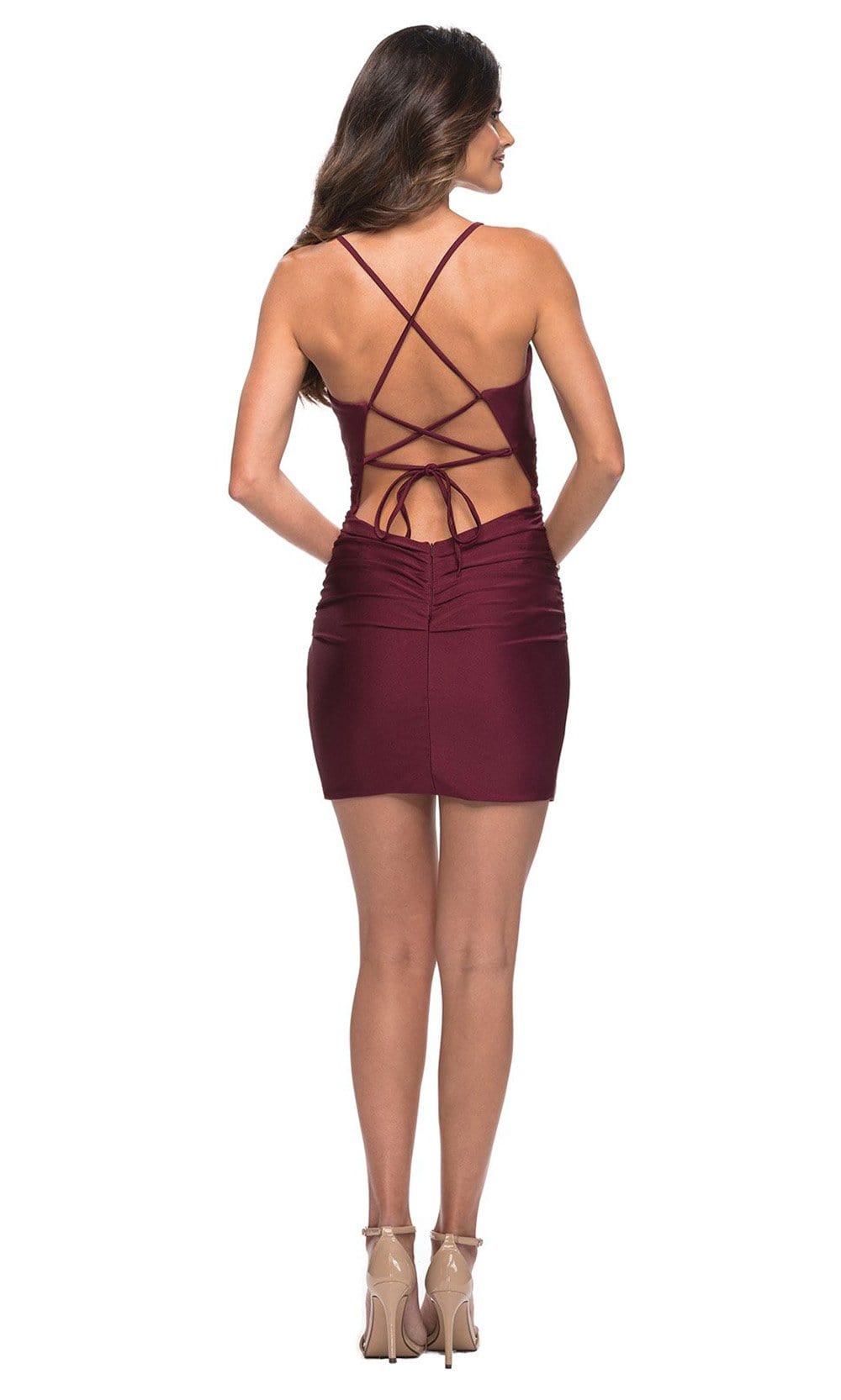 La Femme - Deep V-Neck Ruched Short Dress 30248SC - 1 pc Dark Berry In Size 00 Available CCSALE 00 / Dark Berry