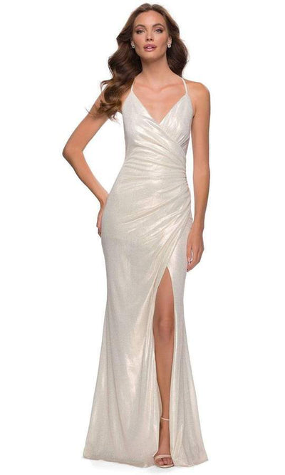 La Femme - Deep V-Neck Wrapped Bodice Sheath Dress 29707SC - 1 pc White/Gold In Size 4 Available CCSALE 4 / White/Gold