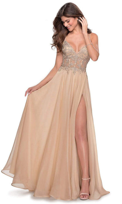 La Femme - 28543SC Deep V Neck Sleeveless Chiffon Slit Dress In Champagne