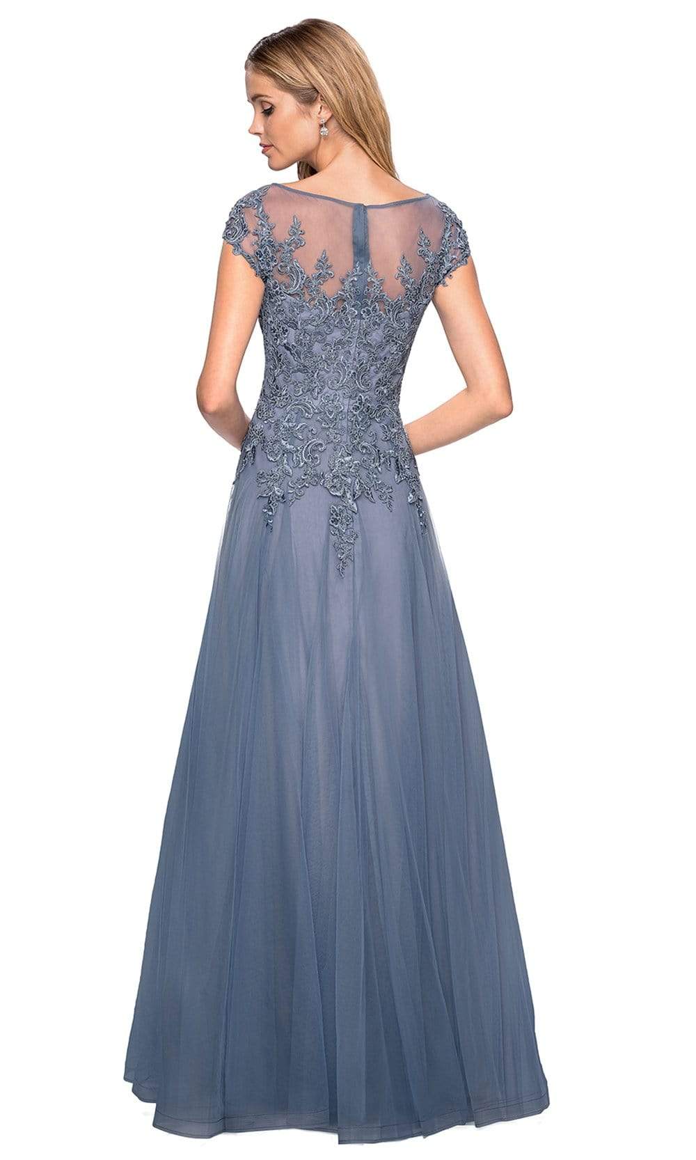 La Femme - Embroidered Lace Bateau A-line Dress 26893 - 1pc Smoky Blue in size 14 Available CCSALE