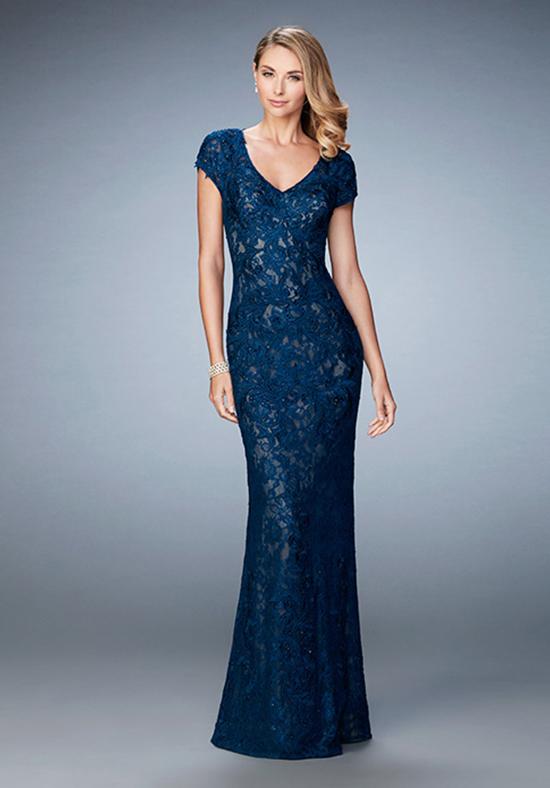 La Femme Embroidered V Neck Lace Sheath Evening Dress 23071SC - 1 Pc. Dark Blue in size 14 Available CCSALE 18 / Dark Blue