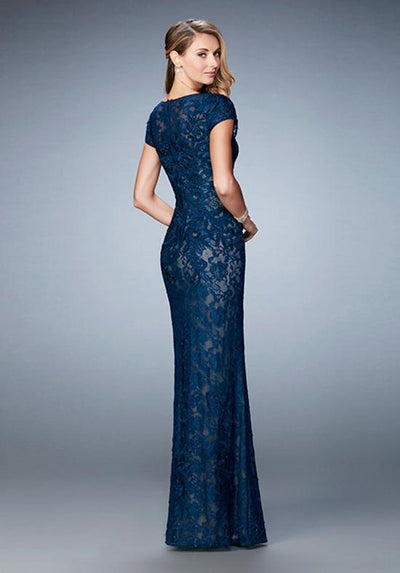 La Femme Embroidered V Neck Lace Sheath Evening Dress 23071SC - 1 Pc. Dark Blue in size 14 Available CCSALE