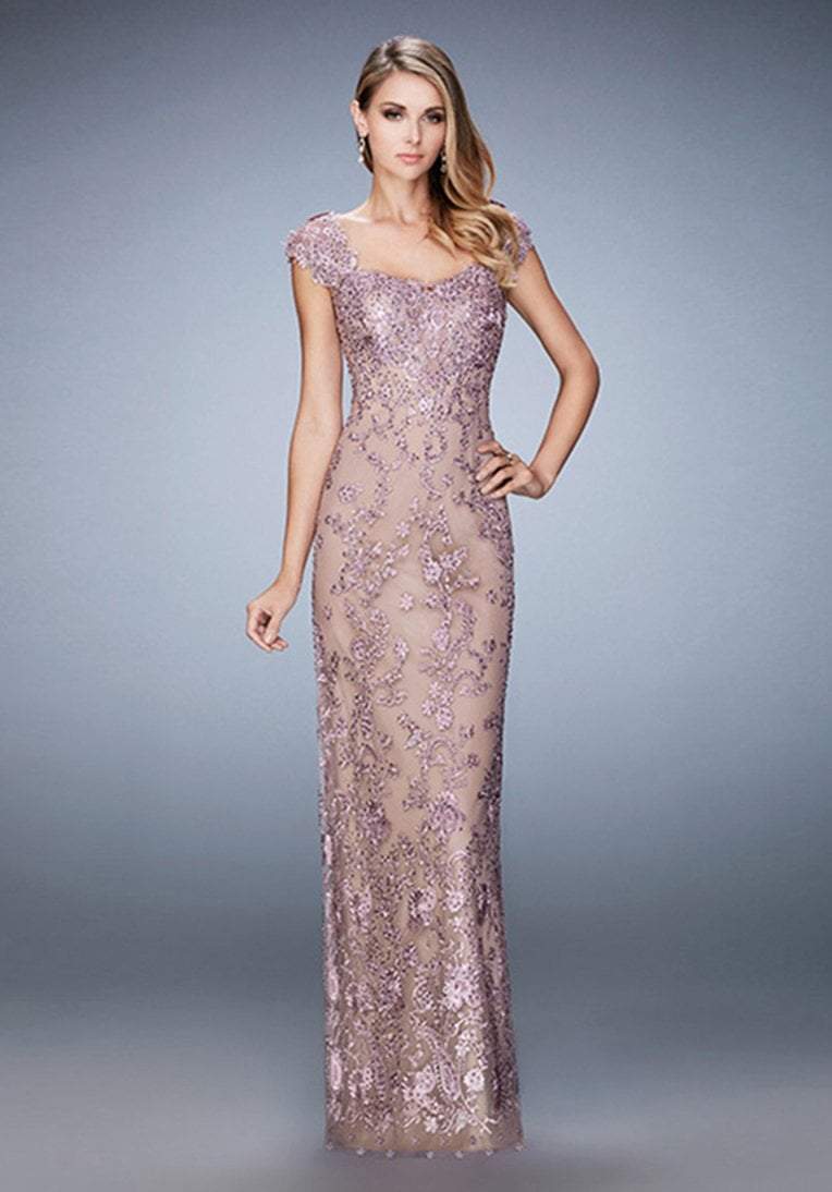 La Femme Fitted Laced Cap Sleeves Evening Dress 22039 - 1 pc Mauve In Size 18 Available CCSALE 18 / Mauve