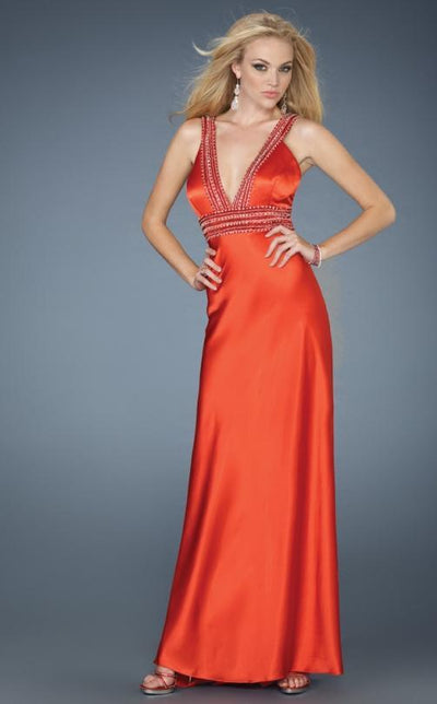 La Femme Gigi - 13580 Halter Plunging Jewel Evening Dress Special Occasion Dress 00 / Papaya